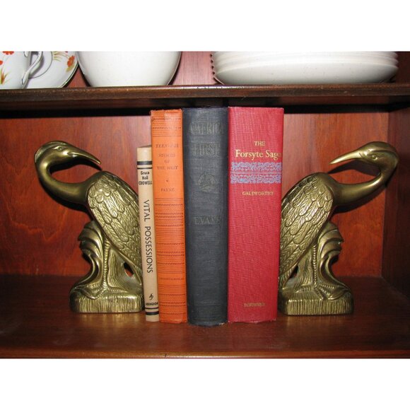 Vintage Brass Crane Bird Bookends Pair Ornate Design 7.5" Tall Elegant Decor Fun - Picture 2 of 11
